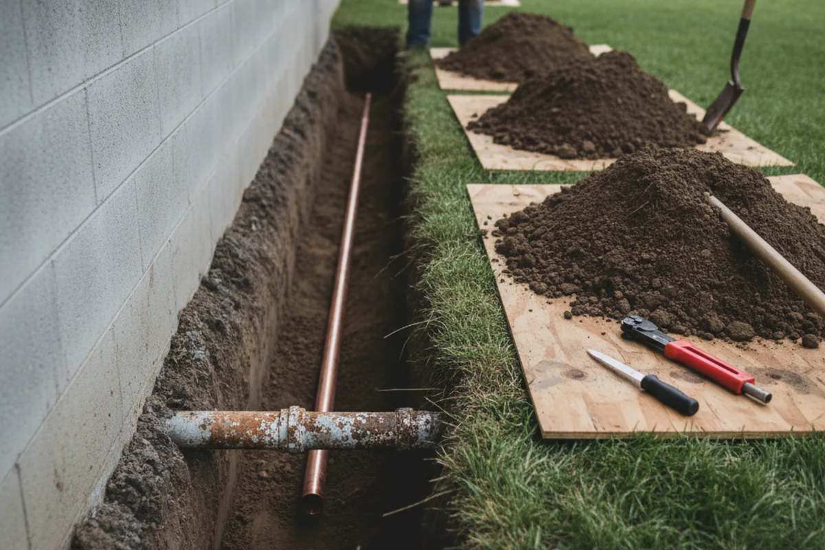 Excavated water line trench during Water Softener Installation in Bellingham